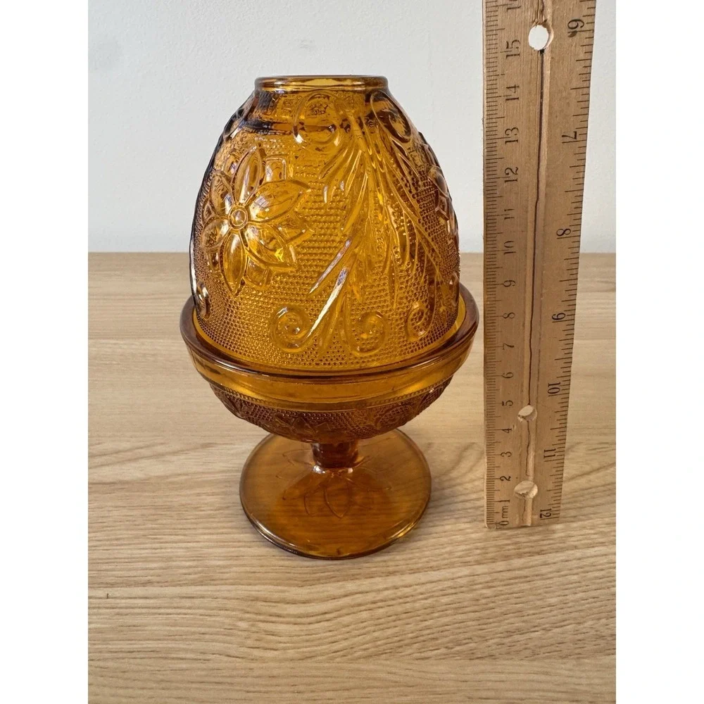 Tiara Indiana Glass Sandwich Pattern Amber Fairy Lamp Pedestal Candle Holder